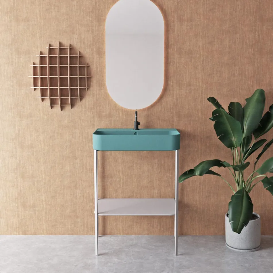 Lavabo in Ceramica con Struttura a Terra con Ripiano Made in Italy - Graffa Viadurini