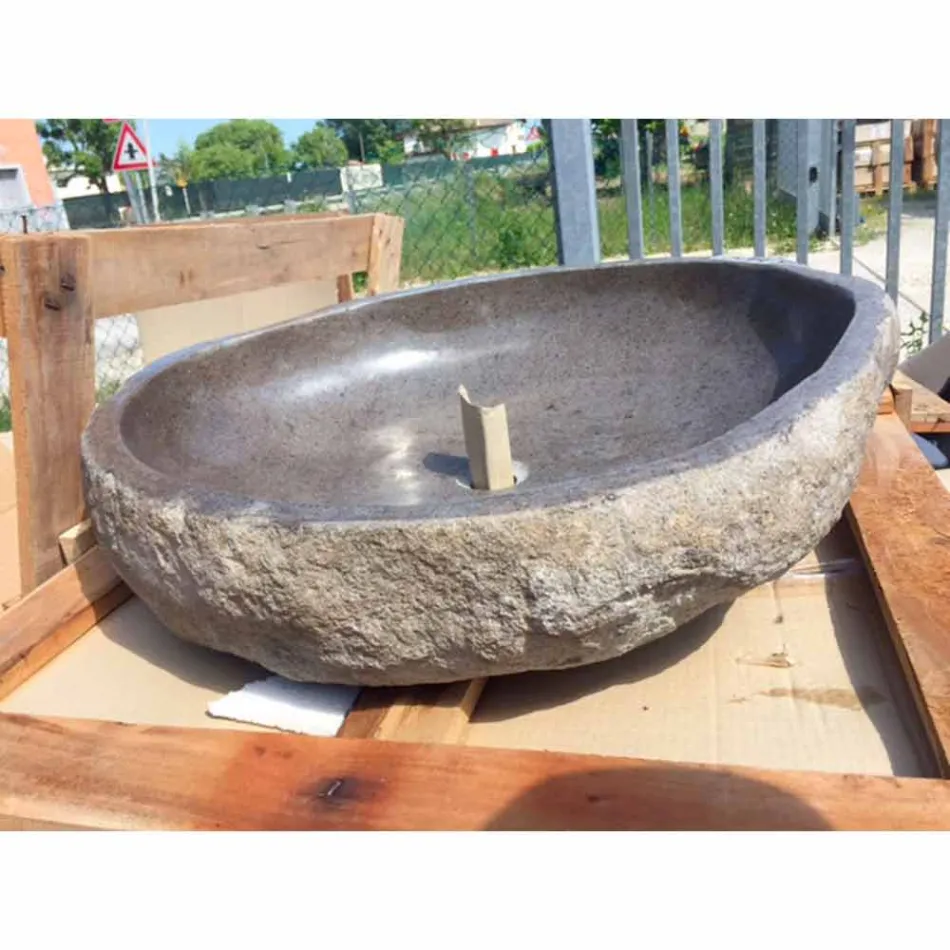 Lavabo in Pietra di Fiume da Appoggio Lavorato Artigianalmente - Aurea Viadurini