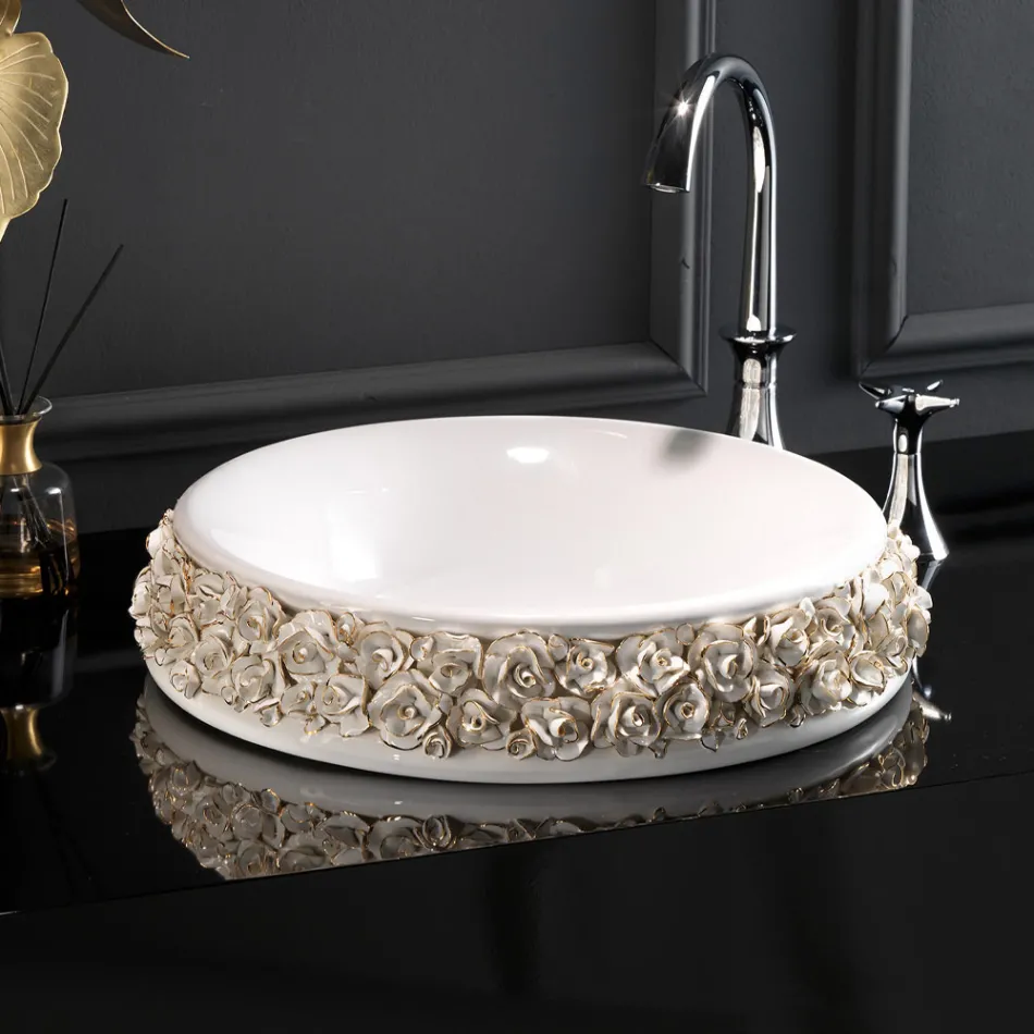 Lavabo in Porcellana con Petali Applicati a Mano Made in italy - Amarone Viadurini