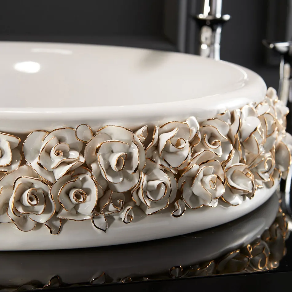 Lavabo in Porcellana con Petali Applicati a Mano Made in italy - Amarone Viadurini