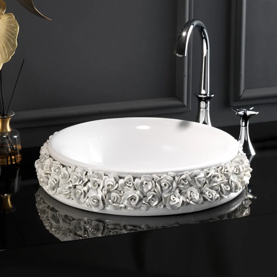 Lavabo in Porcellana con Petali Applicati a Mano Made in italy - Amarone Viadurini