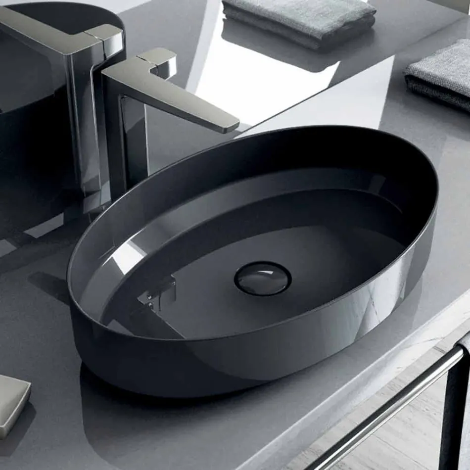 Lavabo ovale da appoggio in ceramica di design made in Italy, Yoel Viadurini