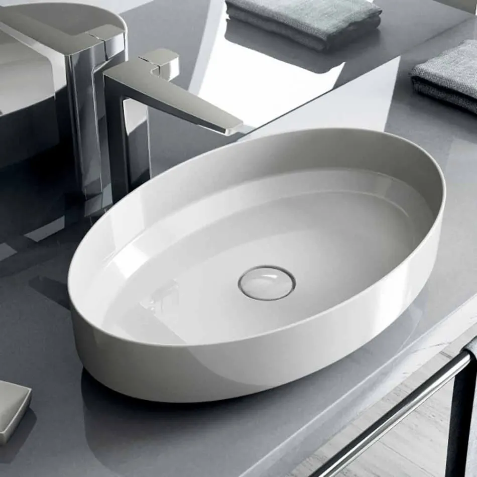 Lavabo ovale da appoggio in ceramica di design made in Italy, Yoel Viadurini