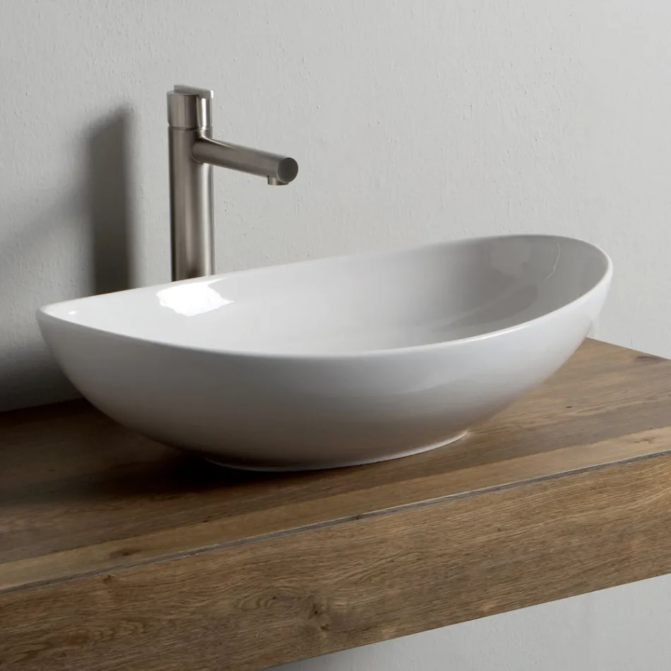 Lavabo Ovale da Appoggio in Ceramica Lucida Realizzato in Italia - Jumper Viadurini