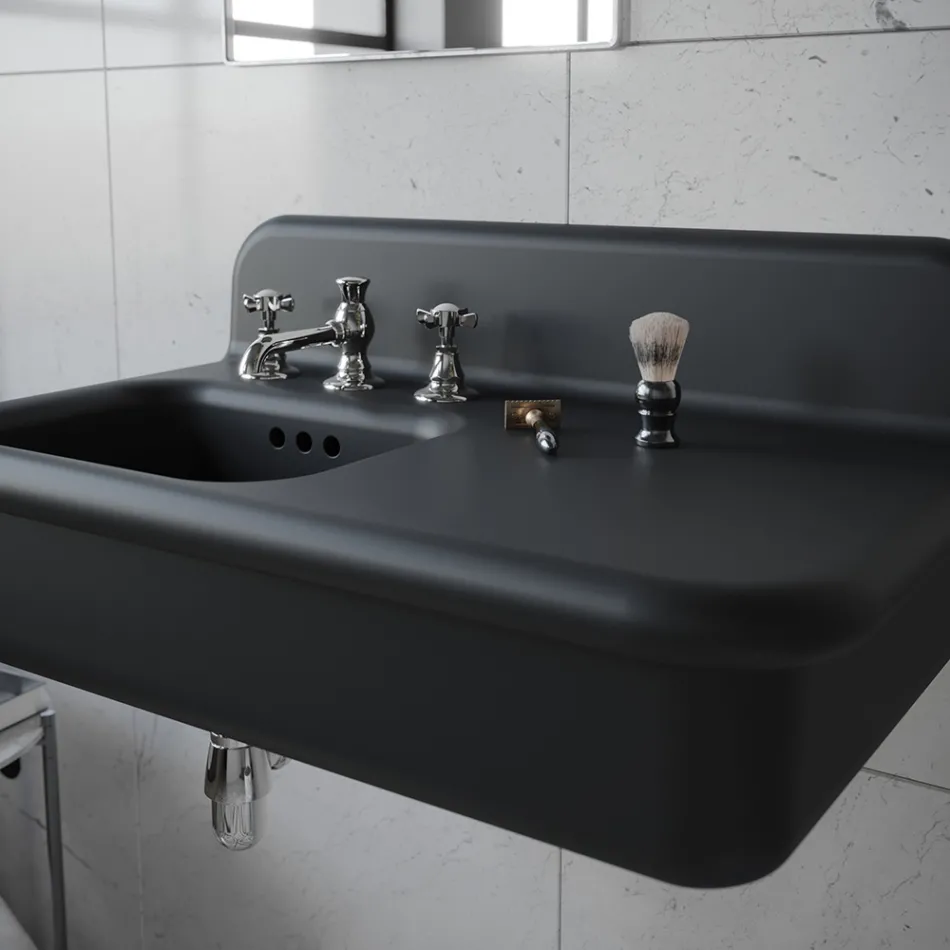 Lavabo per il Bagno Asimmetrico in Ceramica con Poggia Oggetti - Giusy Viadurini