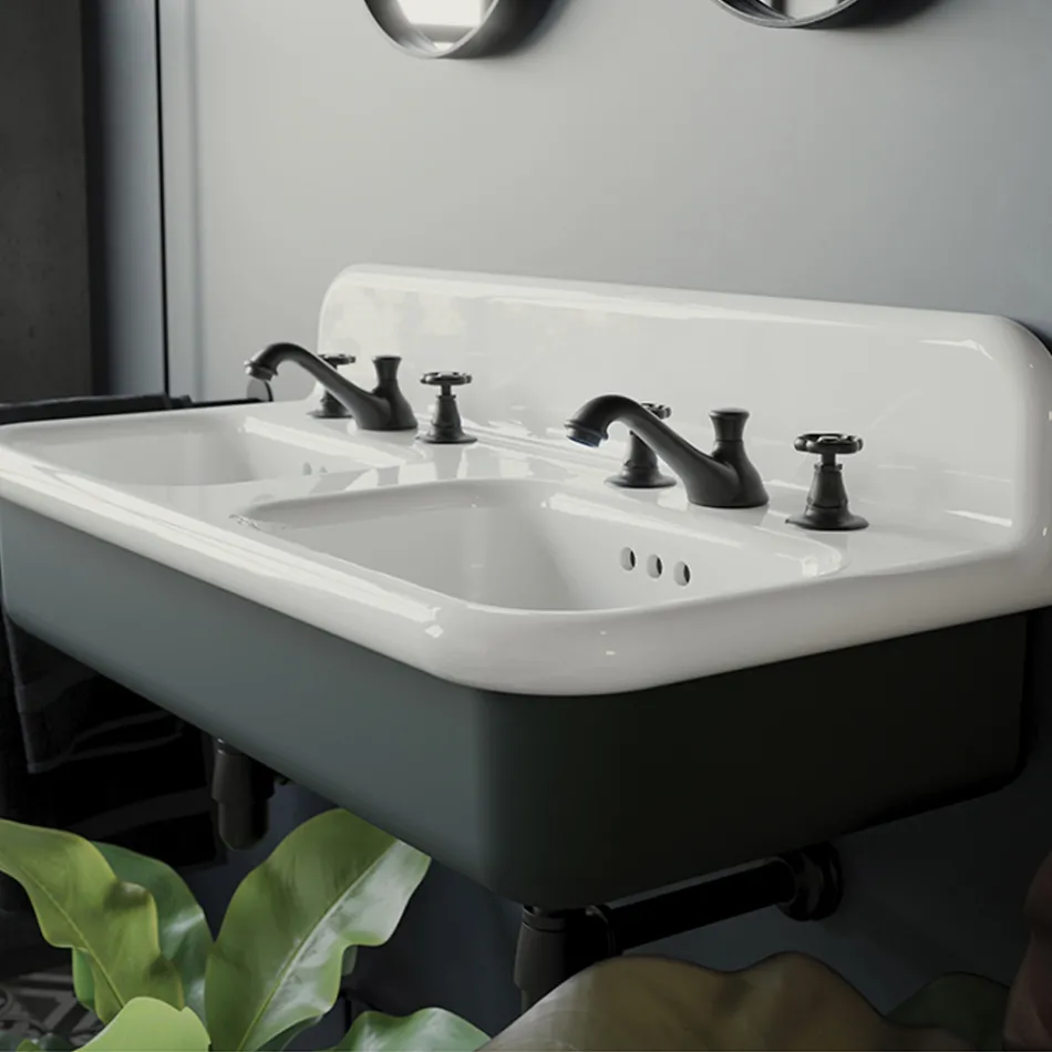 Lavabo per il Bagno Doppio con Struttura Rettangolare e in Ceramica - Kevin Viadurini