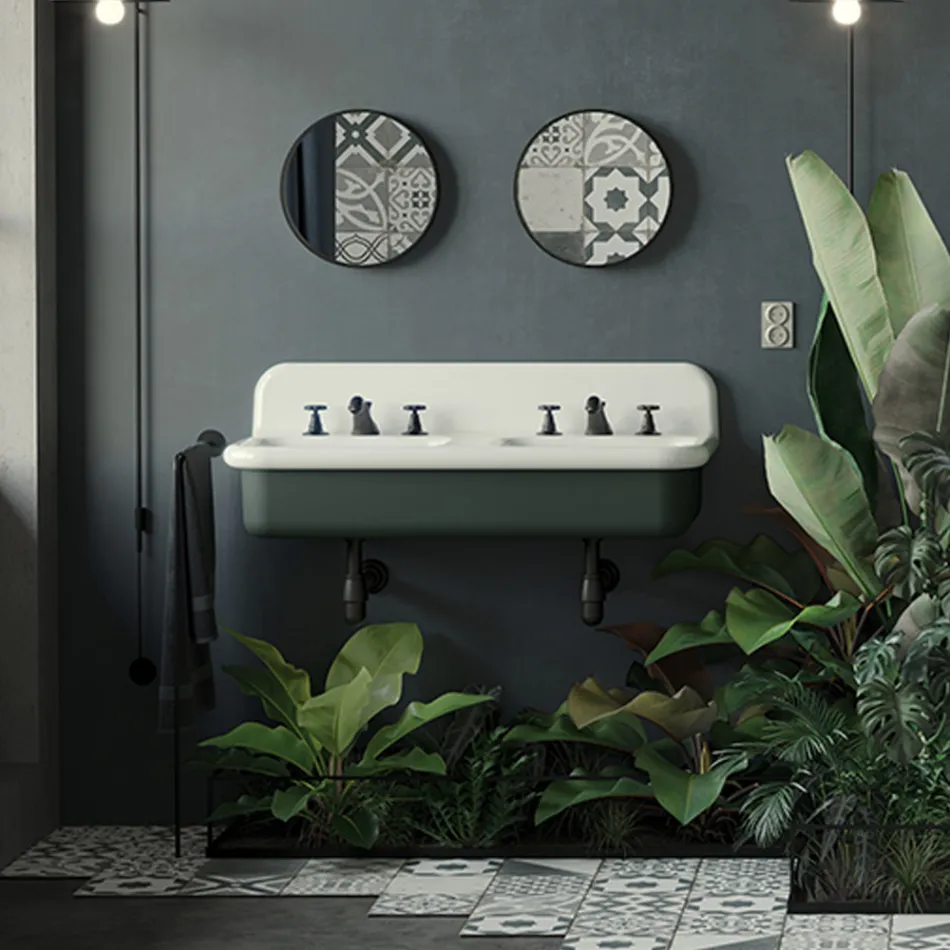 Lavabo per il Bagno Doppio con Struttura Rettangolare e in Ceramica - Kevin Viadurini