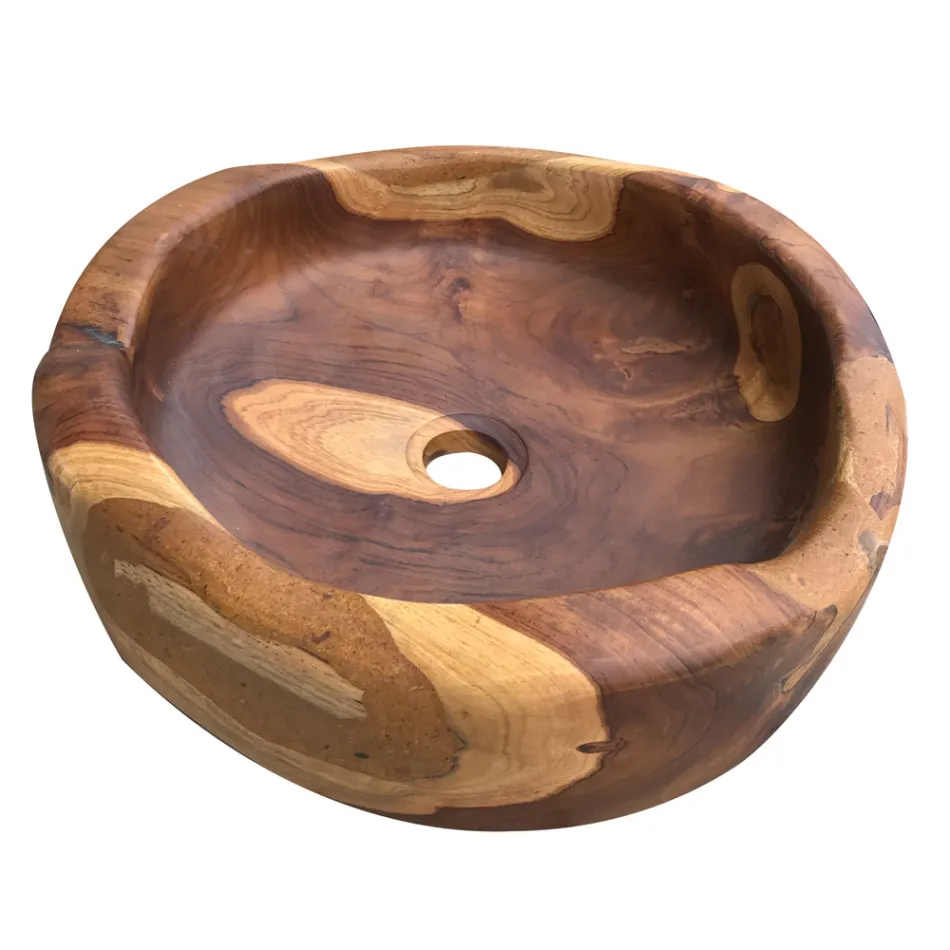Lavabo Rotondo da Appoggio Moderno in Teak Naturale Levigato - Zino Viadurini
