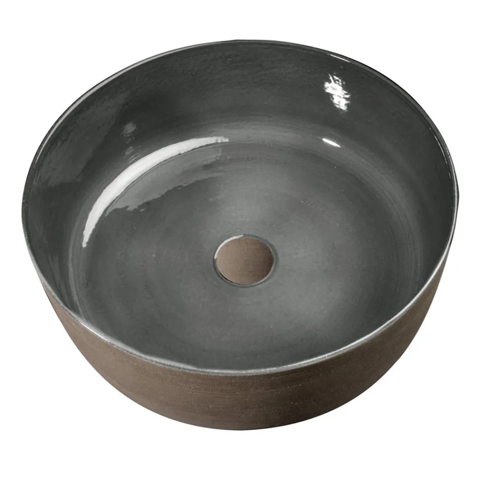 Lavabo Rotondo Grigio in Argilla Fatto a Mano Made in Italia - Tatiana  Viadurini