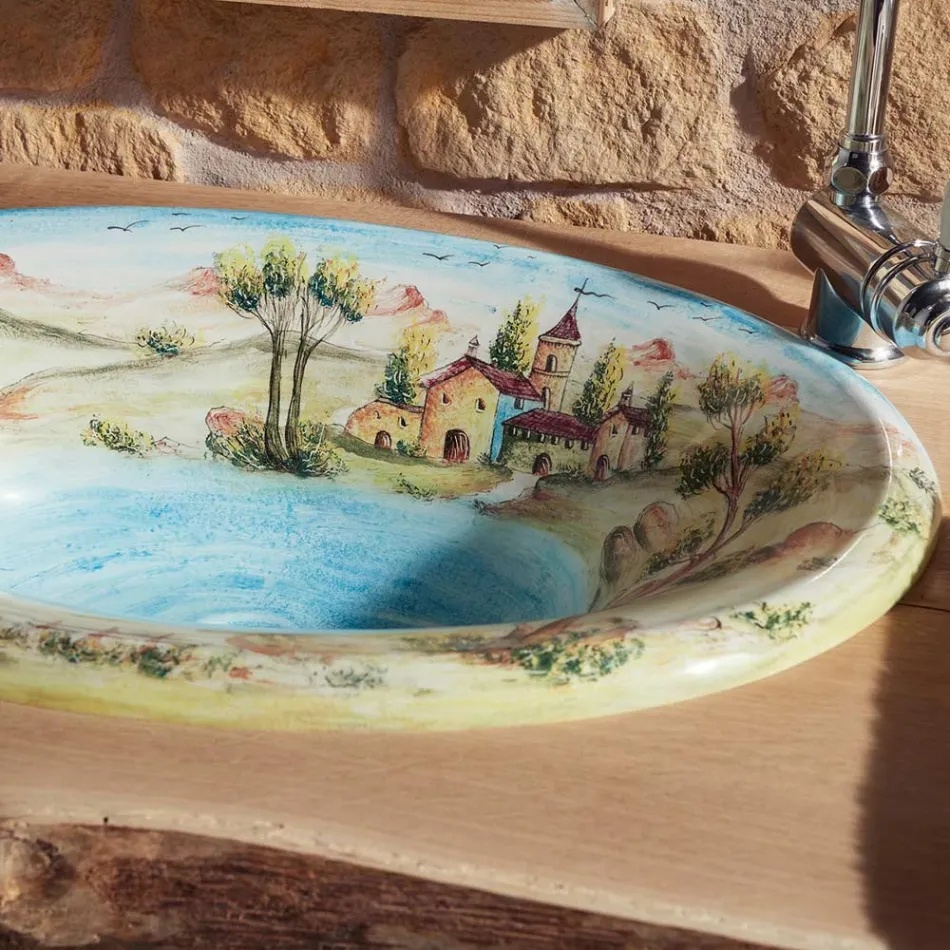 Lavabo Semincasso in Fire Clay con Paesaggio di Deruta Made in italy - Principe Viadurini