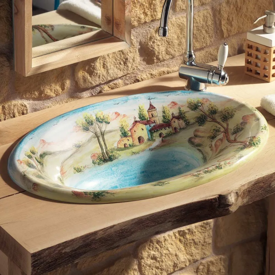 Lavabo Semincasso in Fire Clay con Paesaggio di Deruta Made in italy - Principe Viadurini
