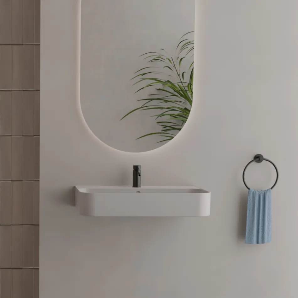 Lavabo Sospeso in Ceramica con Porta Asciugamani Opzionale Made in Italy - Graffa Viadurini
