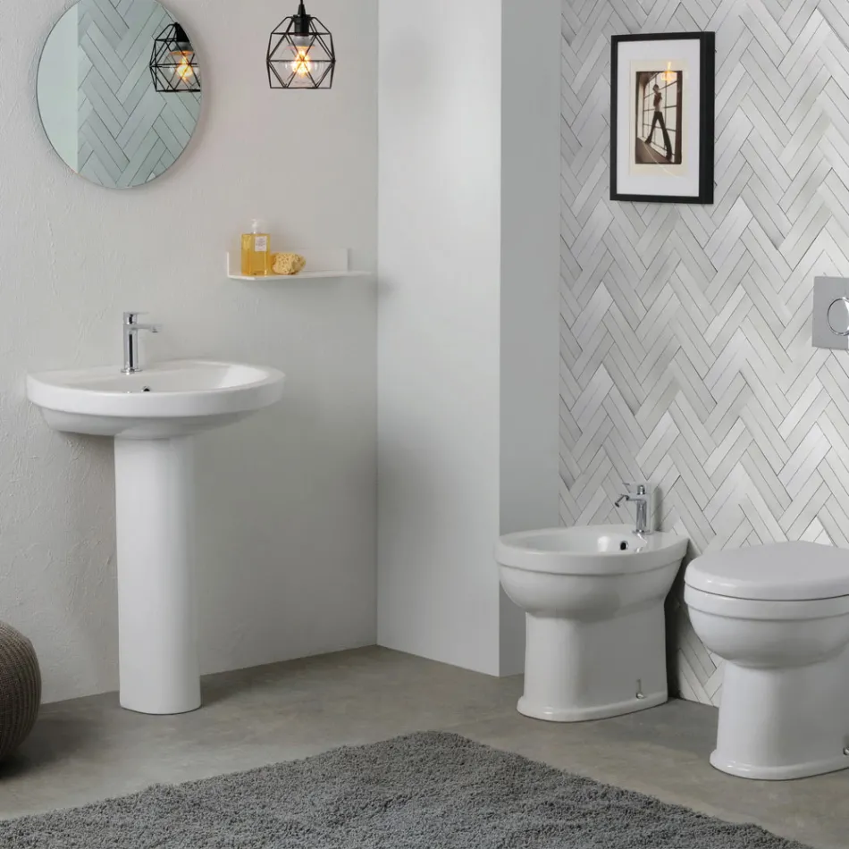 Lavabo su Colonna in Ceramica Bianca dal Design Moderno Elegante - Silice Viadurini