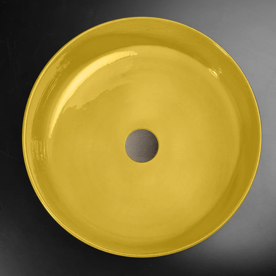 Lavabo Tondo da Appoggio Giallo in Argilla Smaltato Made in Italy - Tatiana Viadurini