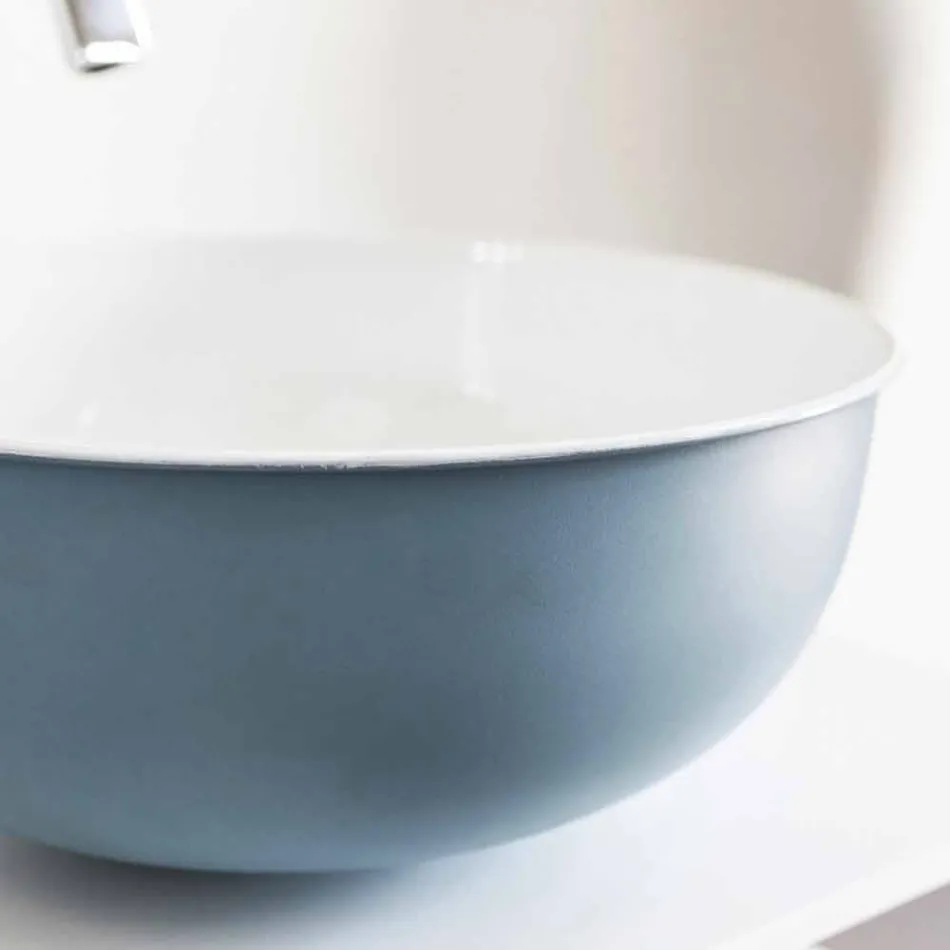 Lavandino da Appoggio Rotondo in Metallo Smaltato Bianco e Azzurro Cielo - Sky Viadurini