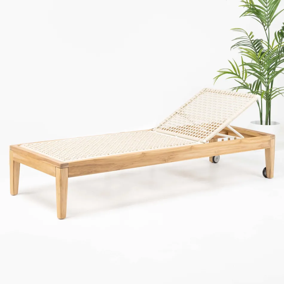 Lettino da Giardino in Teak e Intreccio in Corda - Jhon Viadurini