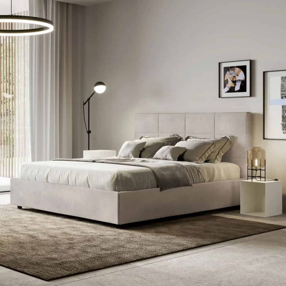 Letto 160x200 cm con Testata a Rettangoli in Microfibra Made in Italy - Brina Viadurini