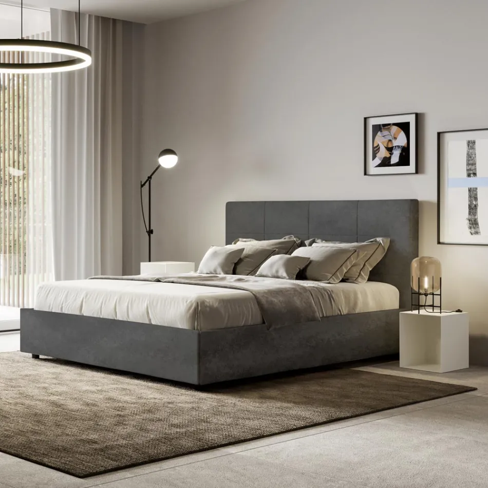 Letto 160x200 cm con Testata a Rettangoli in Microfibra Made in Italy - Brina Viadurini