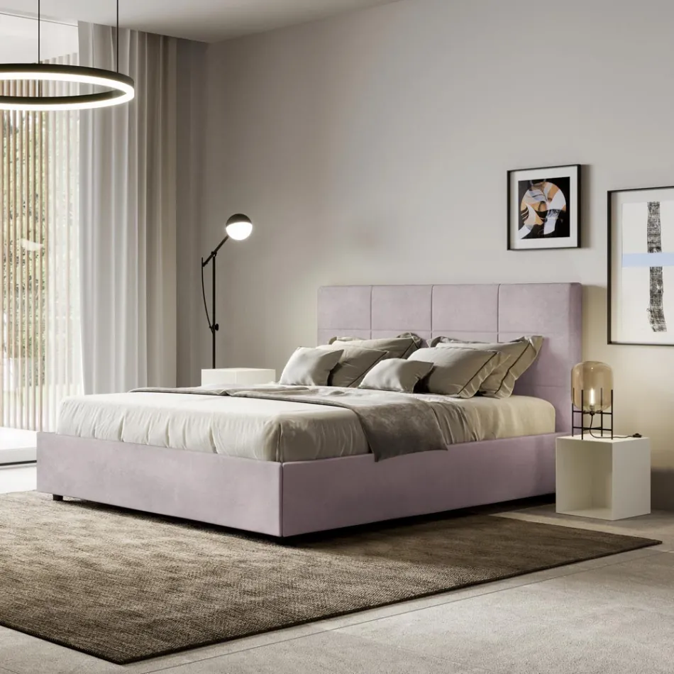 Letto 160x200 cm con Testata a Rettangoli in Microfibra Made in Italy - Brina Viadurini