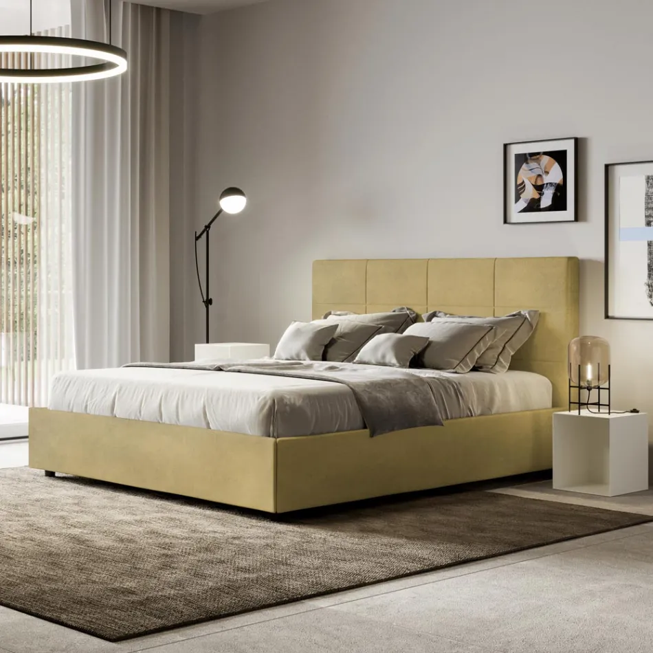 Letto 160x200 cm con Testata a Rettangoli in Microfibra Made in Italy - Brina Viadurini