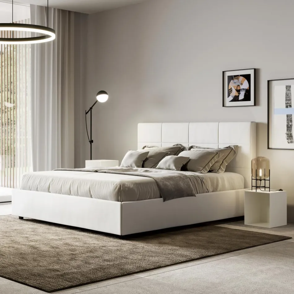 Letto 160x200 cm con Testata a Rettangoli in Similpelle Made in Italy - Brina Viadurini