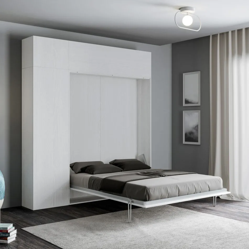 Letto a Una Piazza e Mezza a Scomparsa Verticale con Colonna e Pensile - Magicompare Viadurini