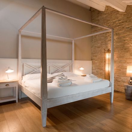 Letto Matrimoniale 160x200 con Baldacchino in Legno Teak Massello - Acquarello Viadurini