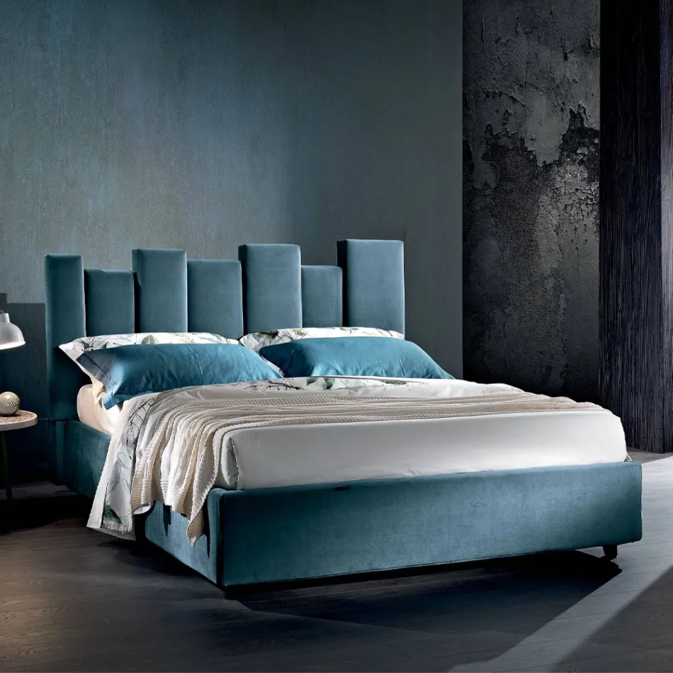 Letto Matrimoniale di Design Imbottito Moderno Blu o Grigio Alta Qualità - Kenzo Viadurini