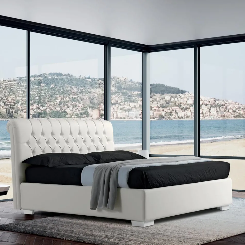 Letto Matrimoniale Moderno in Ecopelle con Contentiore - Ozzano Viadurini