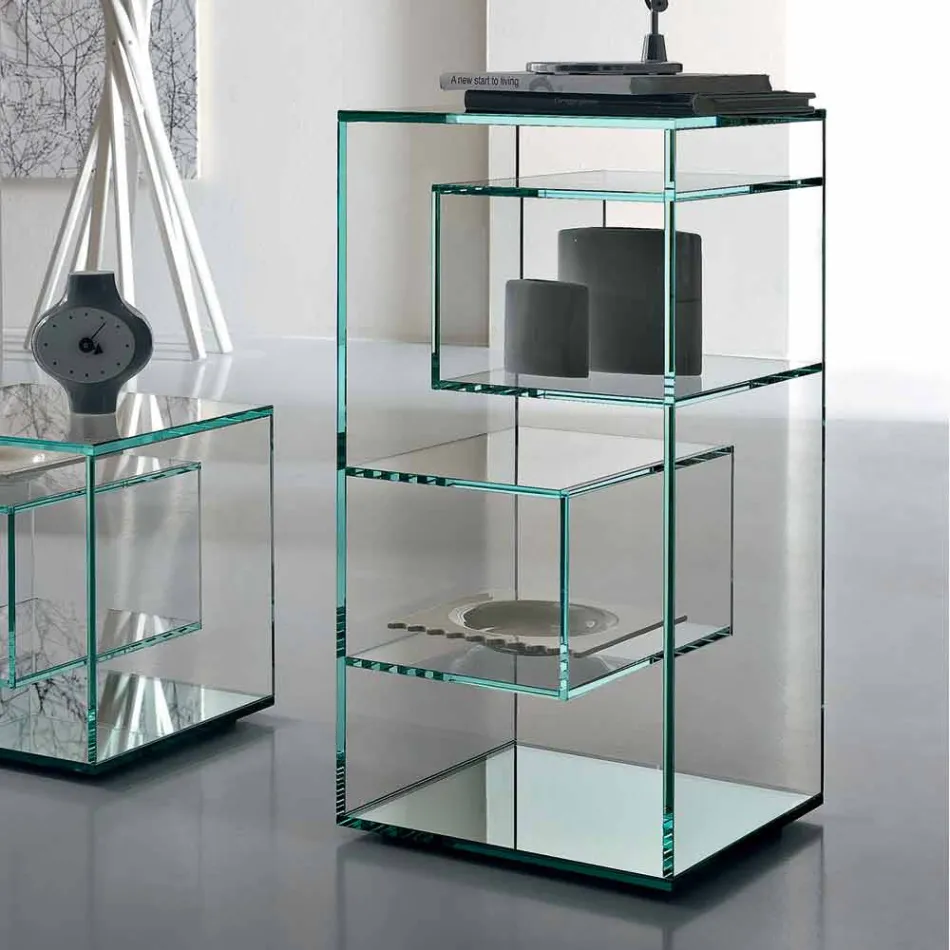 Libreria Espositore Bassa da Salotto Freestanding in Vetro Extrachiaro - Linzy Viadurini