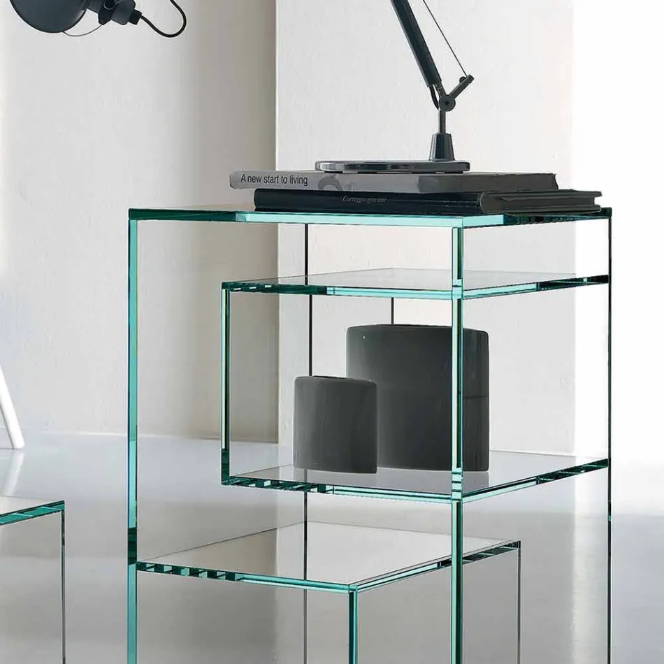 Libreria Espositore Bassa da Salotto Freestanding in Vetro Extrachiaro - Linzy Viadurini