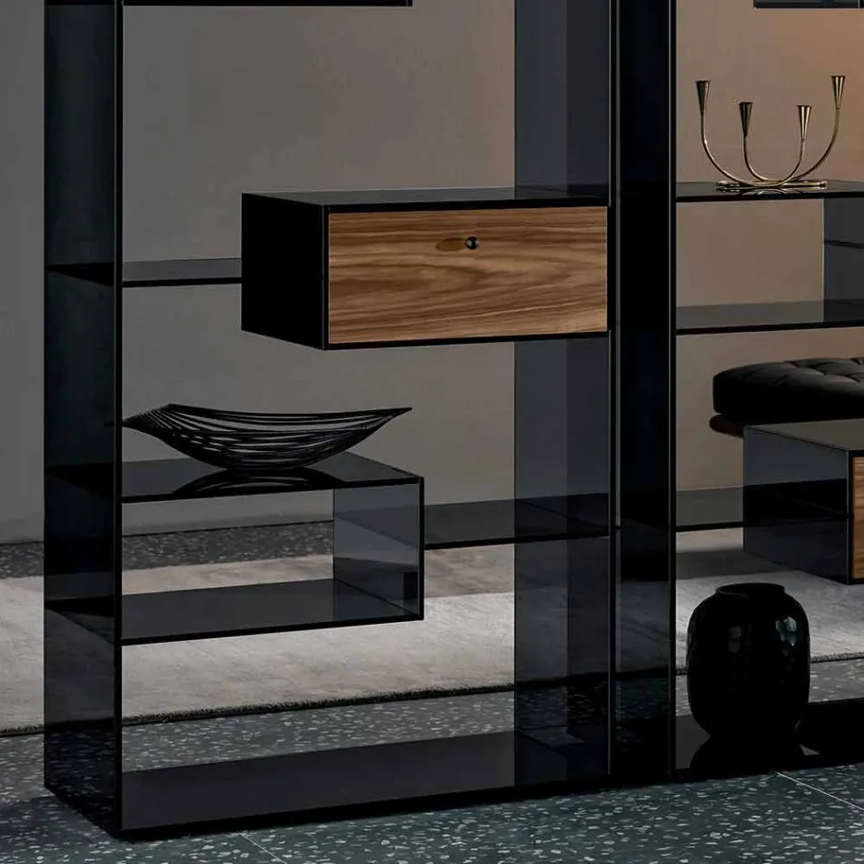 Libreria in Vetro Fumè con Cassetto Legno Noce Canaletto Design Italiano - Linzy Viadurini