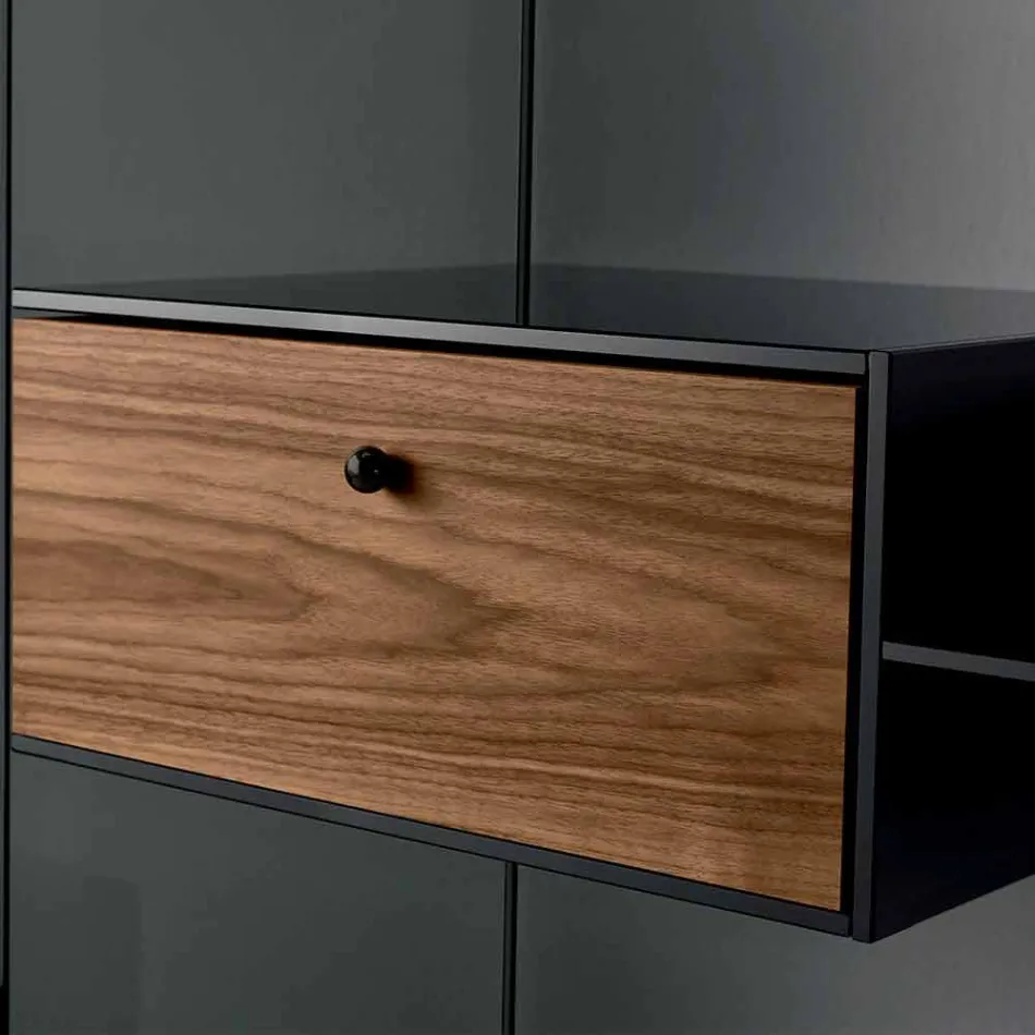 Libreria in Vetro Fumè con Cassetto Legno Noce Canaletto Design Italiano - Linzy Viadurini