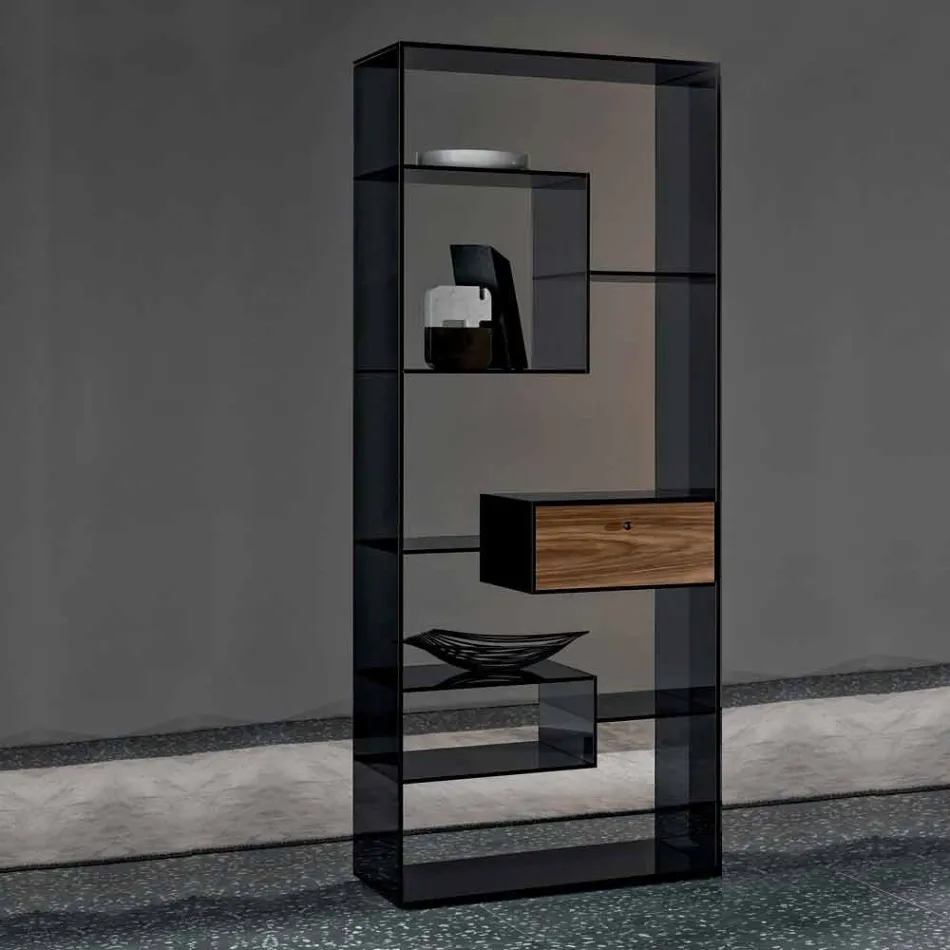 Libreria in Vetro Fumè con Cassetto Legno Noce Canaletto Design Italiano - Linzy Viadurini
