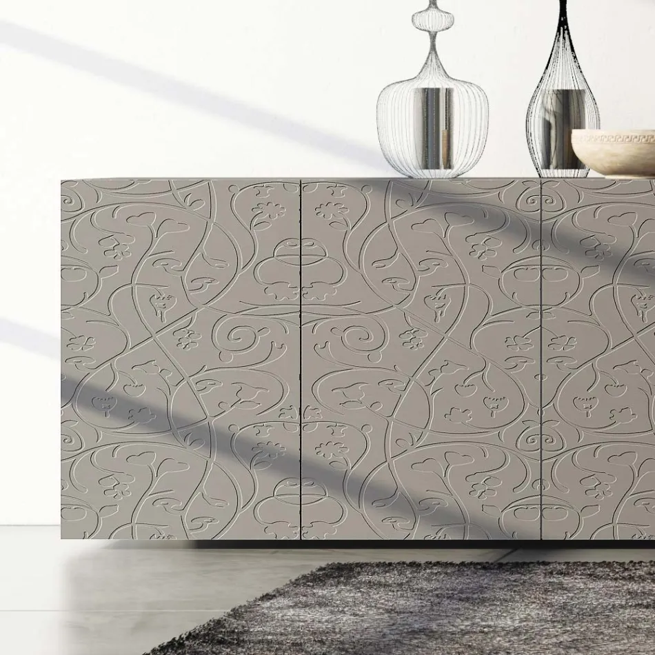 Madia 4 Ante in Mdf Laccato Fango con Bassorilievo Made in Italy - Lolla Viadurini