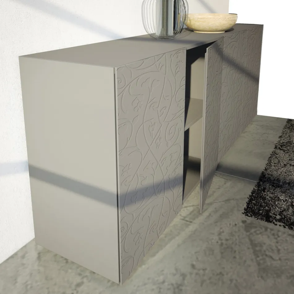 Madia 4 Ante in Mdf Laccato Fango con Bassorilievo Made in Italy - Lolla Viadurini