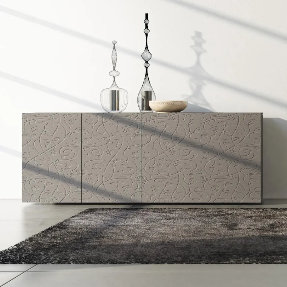Madia 4 Ante in Mdf Laccato Fango con Bassorilievo Made in Italy - Lolla Viadurini