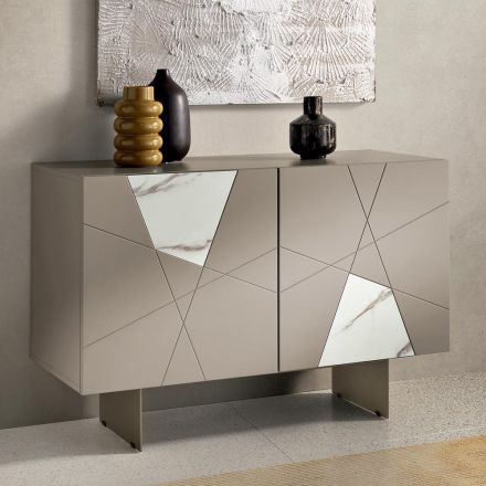 Madia con 2 Ante in MDF Laccato Pantografate e Inseri in Vetro Effetto Marmo - Danila Viadurini