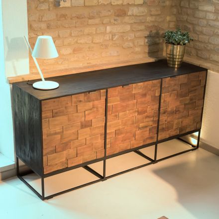 Madia con 3 Ante in Legno Riciclato Patchwork e Struttura in Metallo - Slide Viadurini