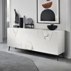 Madia con 3 Ante in MDF Laccato Pantografate e Inseri in Vetro Effetto Marmo - Danila Viadurini