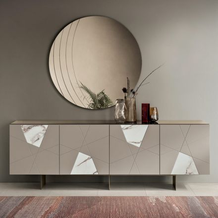 Madia con 4 Ante in MDF Laccato Pantografate e Inseri in Vetro Effetto Marmo - Danila Viadurini