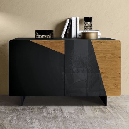 Madia da Salotto con 2 Ante in Finitura Rovere Nodato Country e Antracite Glass - Ove  Viadurini