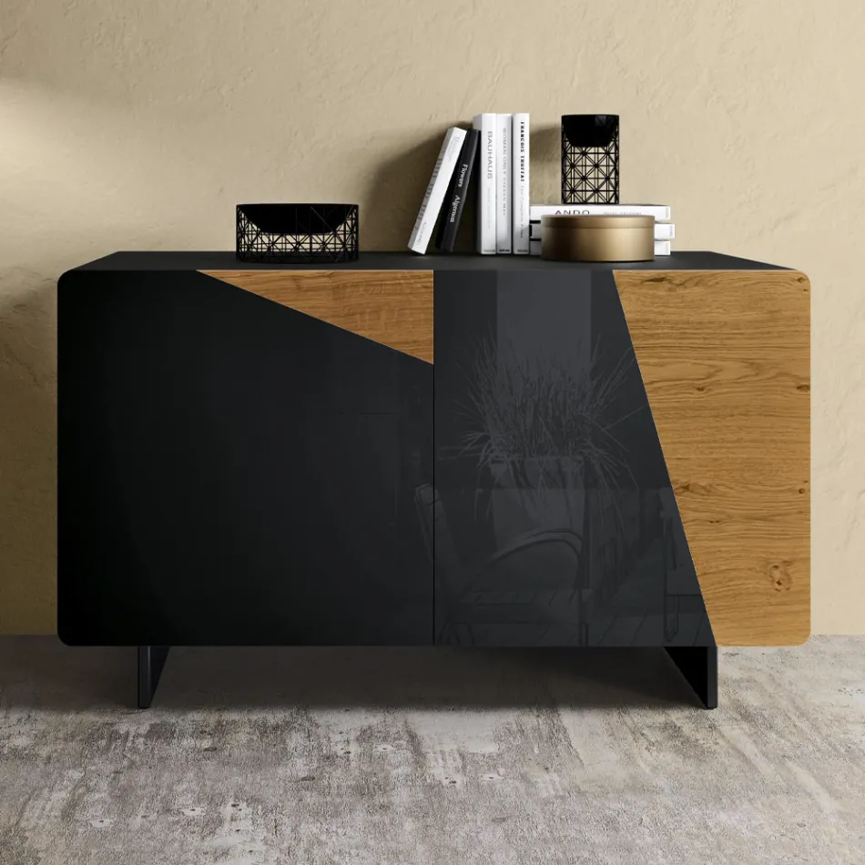 Madia da Salotto con 2 Ante in Finitura Rovere Nodato Country e Antracite Glass - Ove  Viadurini