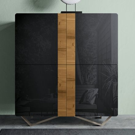 Madia da Salotto con 4 Ante in Finitura Rovere Nodato Country e Antracite Glass - Ove  Viadurini