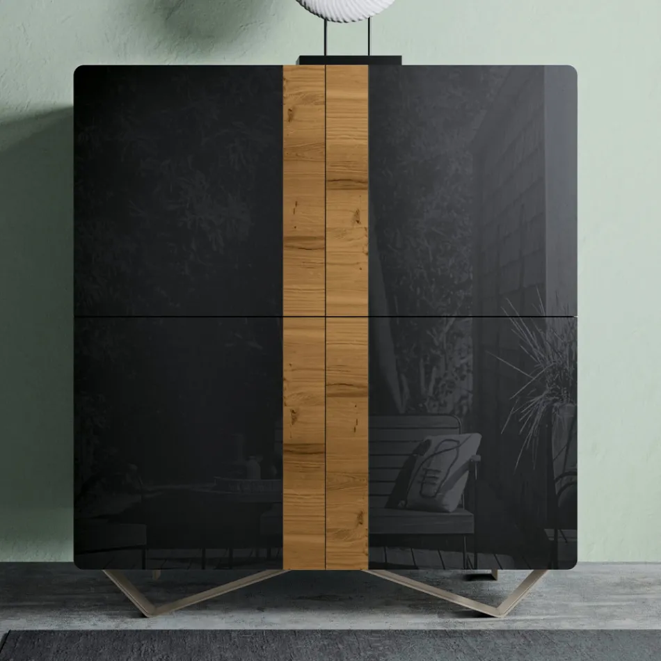 Madia da Salotto con 4 Ante in Finitura Rovere Nodato Country e Antracite Glass - Ove  Viadurini