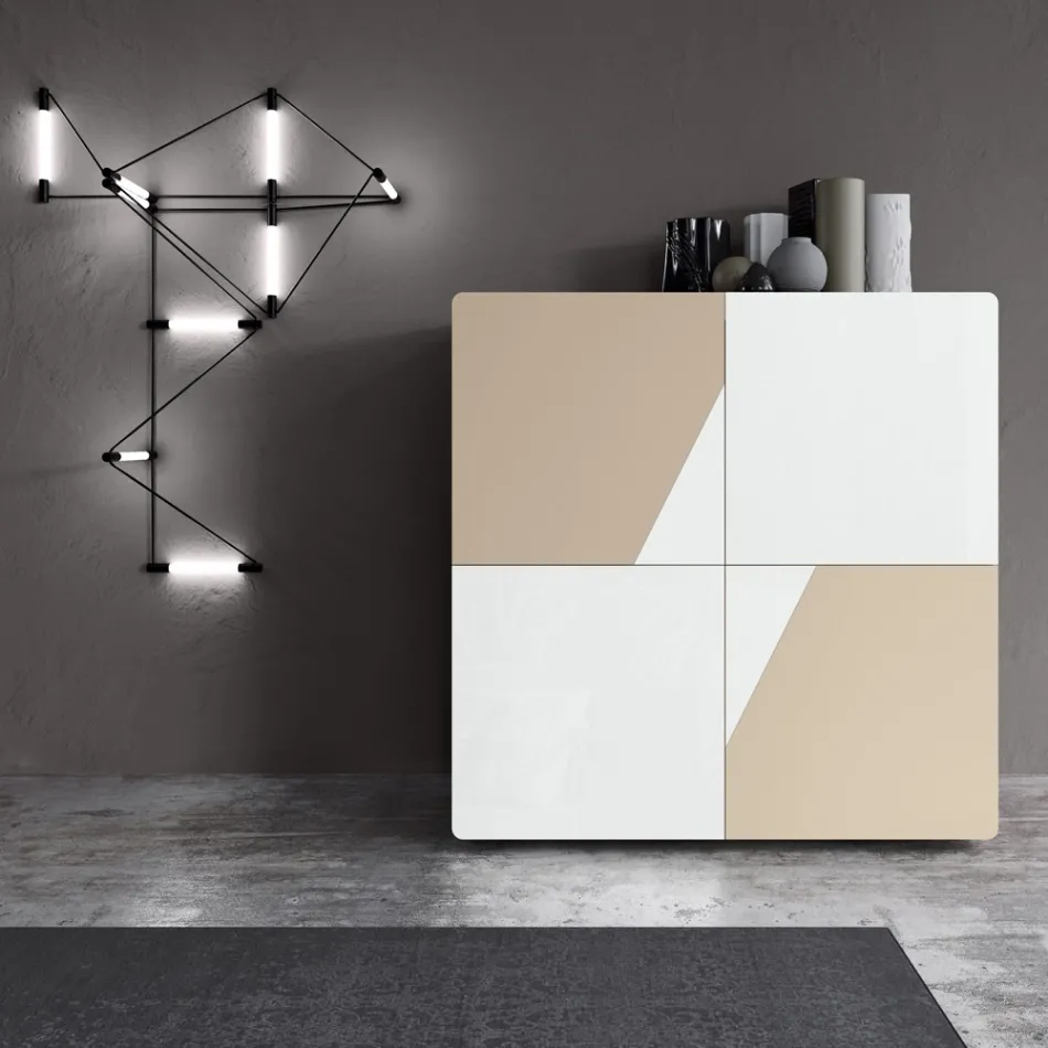Madia da Salotto con 4 Ante in Finitura White Glass e Visone Made in Italy - Eva Viadurini