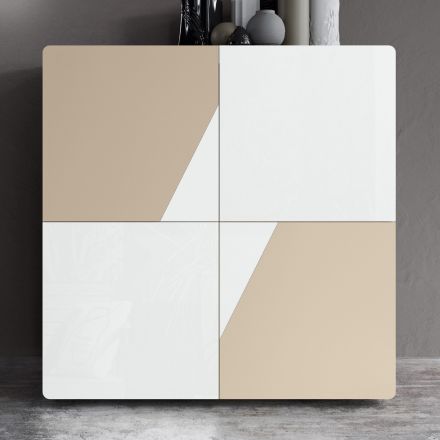 Madia da Salotto con 4 Ante in Finitura White Glass e Visone Made in Italy - Eva Viadurini