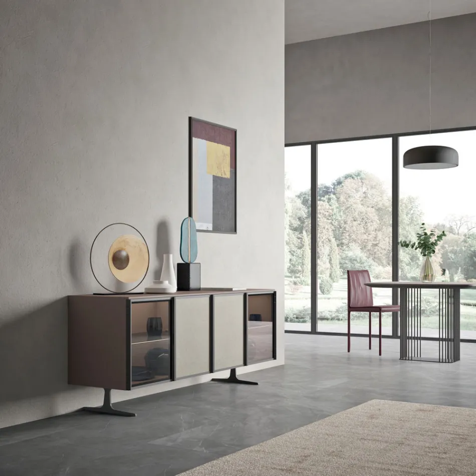 Madia da Salotto in Legno Ecologico e Vetro 4 Ante Made in Italy - Aaron Viadurini
