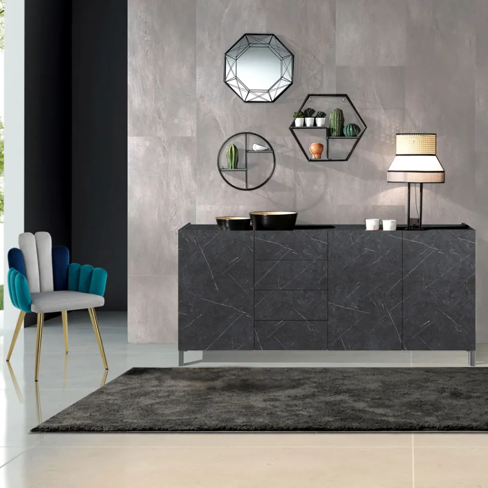 Madia da Salotto Rivestita in Melaminico Finitura Marmo Made in Italy - Zinco Viadurini