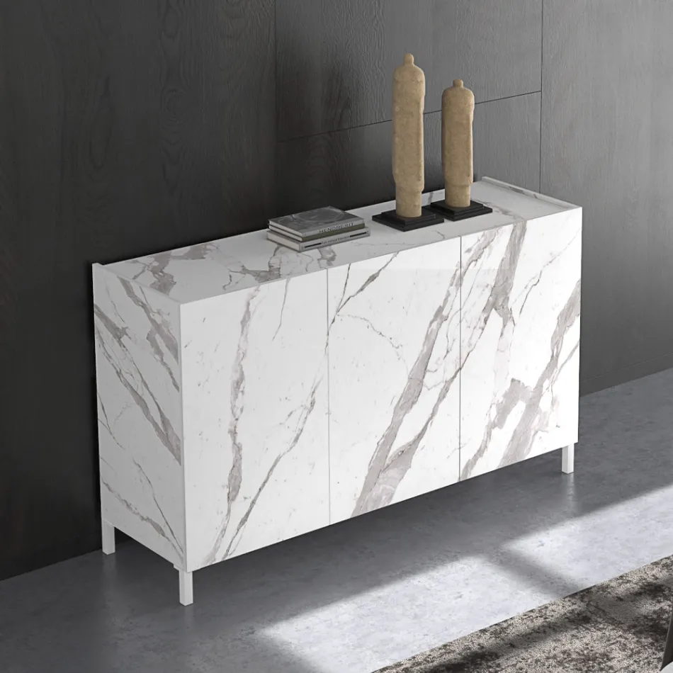 Madia da Salotto Rivestita in Melaminico Finitura Marmo Made in Italy - Zinco Viadurini